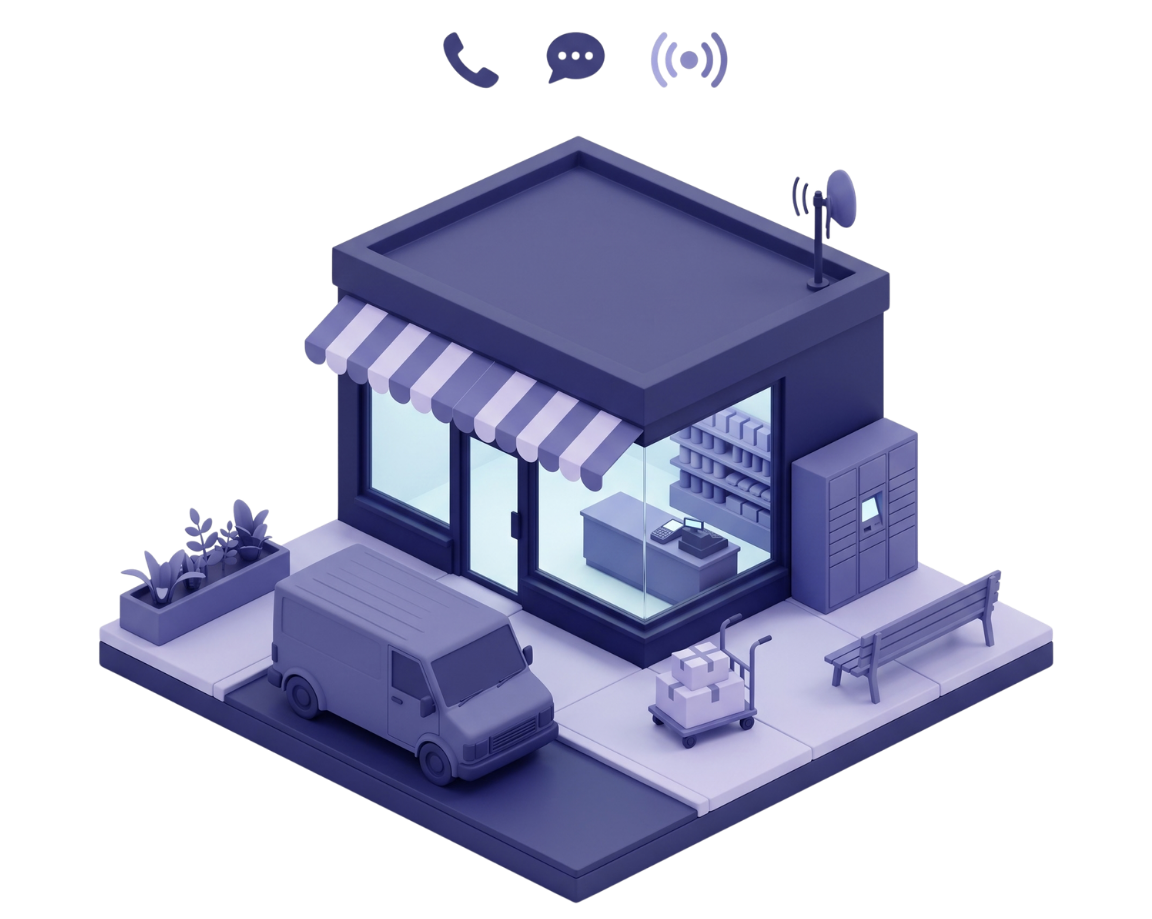Illustration of a high-street retail store with a striped awning, a click-and-collect locker, and a delivery van unloading parcels at the kerb