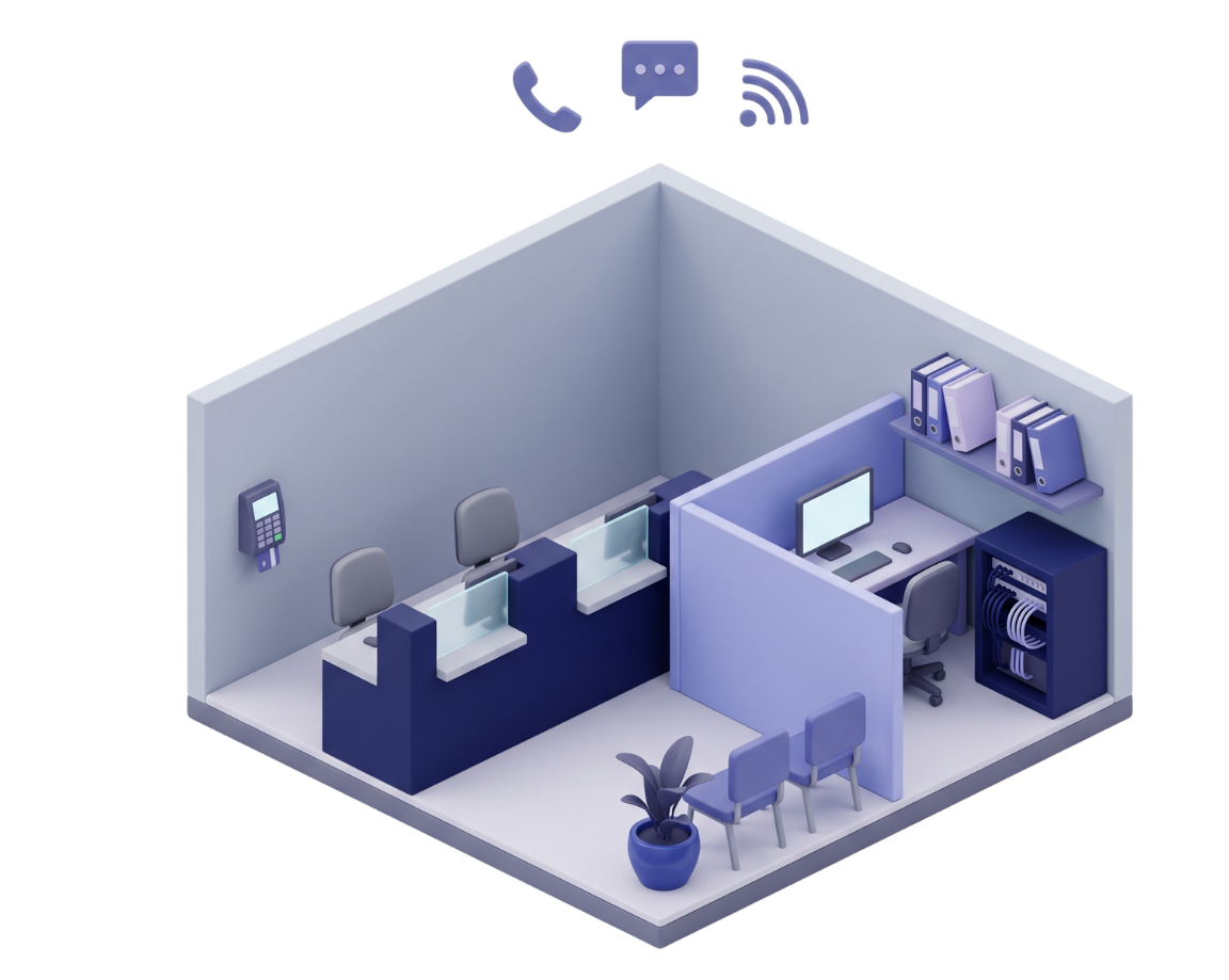 llustration of a Credit Union branch interior with service counter and back office