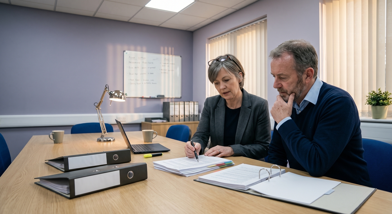 Compliance manager and board member reviewing outsourcing documentation