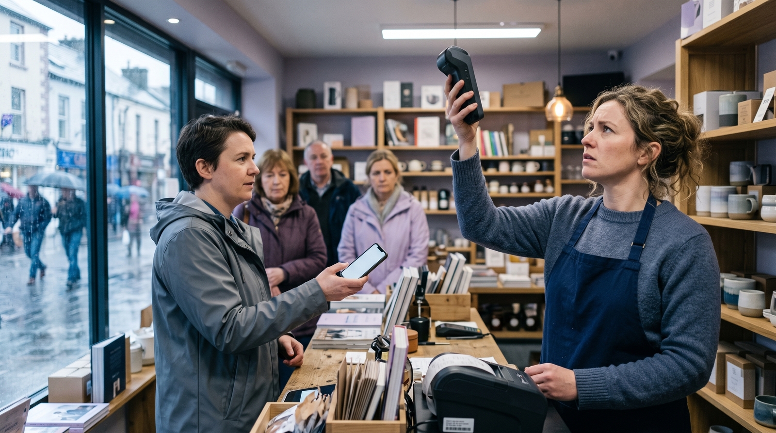 Shop assistant struggling to take a card payment during a store connectivity outage