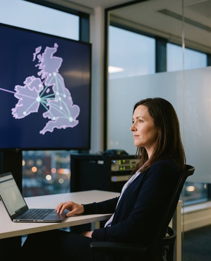 IT lead reviewing a live map of connected sites across Ireland and the UK