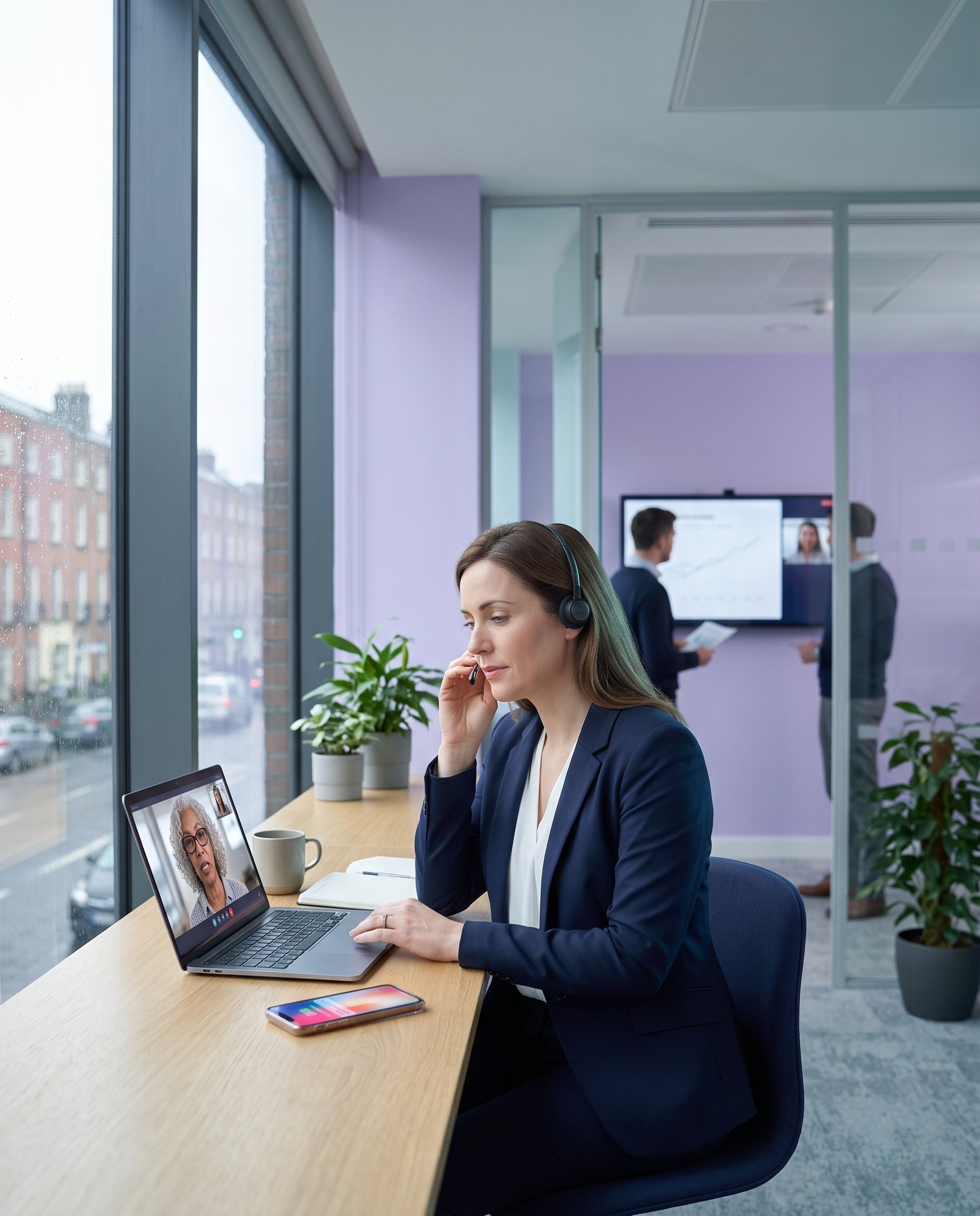 Hybrid worker on a headset video call at her desk while colleagues review a shared screen in the office behind her