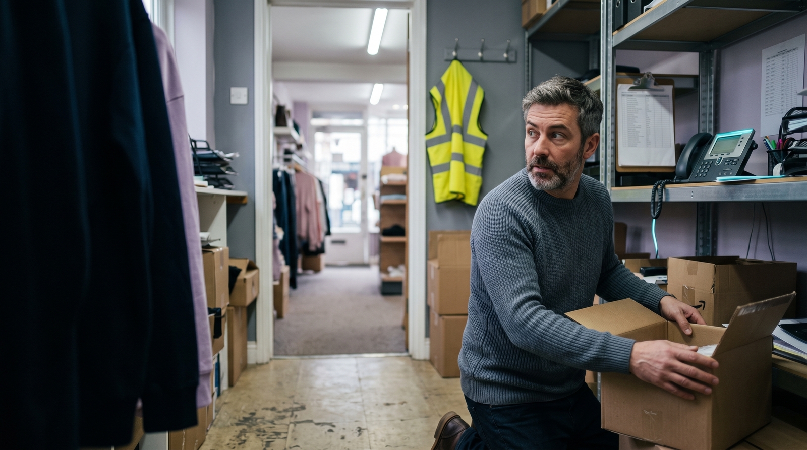 Store manager unable to answer a ringing phone while unpacking a delivery