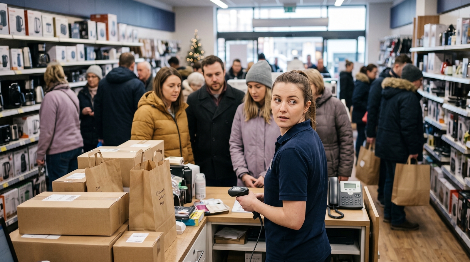 Store assistant at a busy service desk stacked with parcels and click-and-collect bags as customers queue during peak season