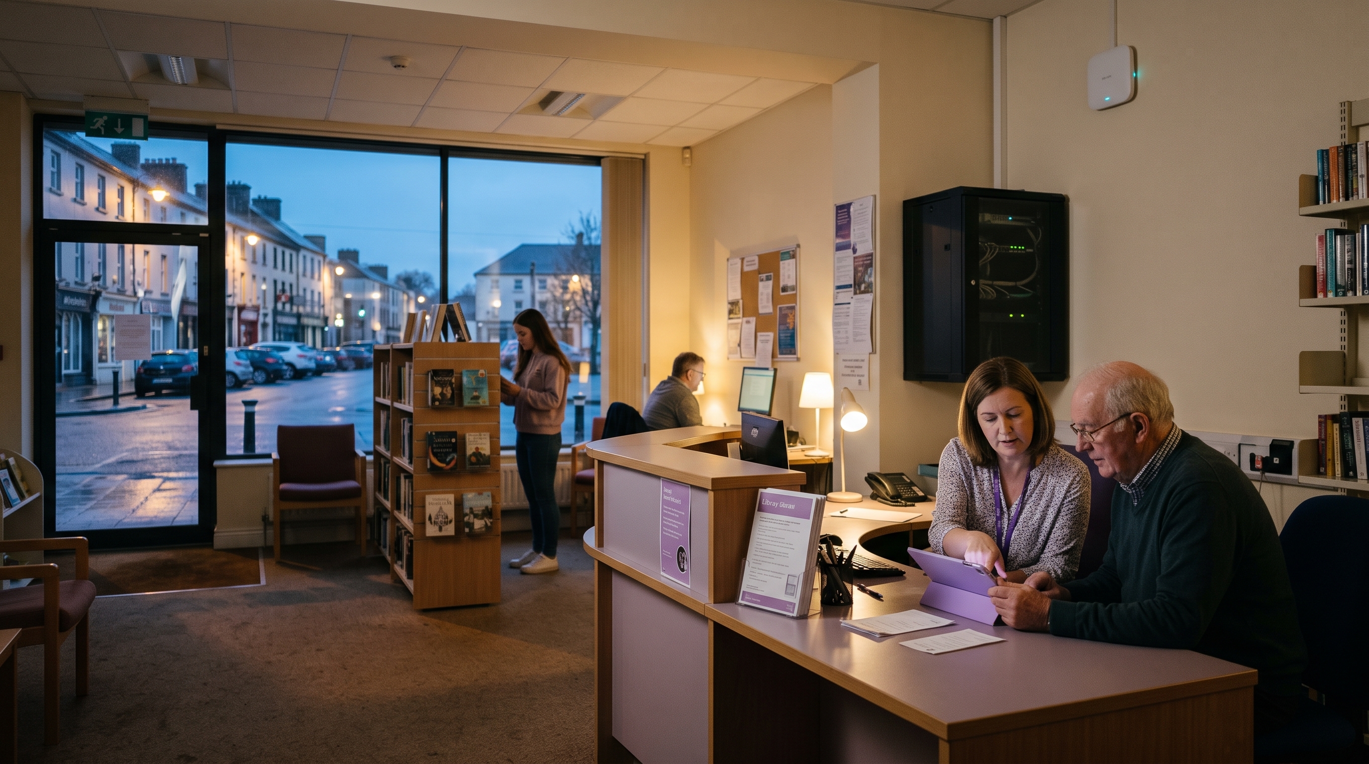 Council branch library and service point at dusk, with a staff member helping a resident on a tablet