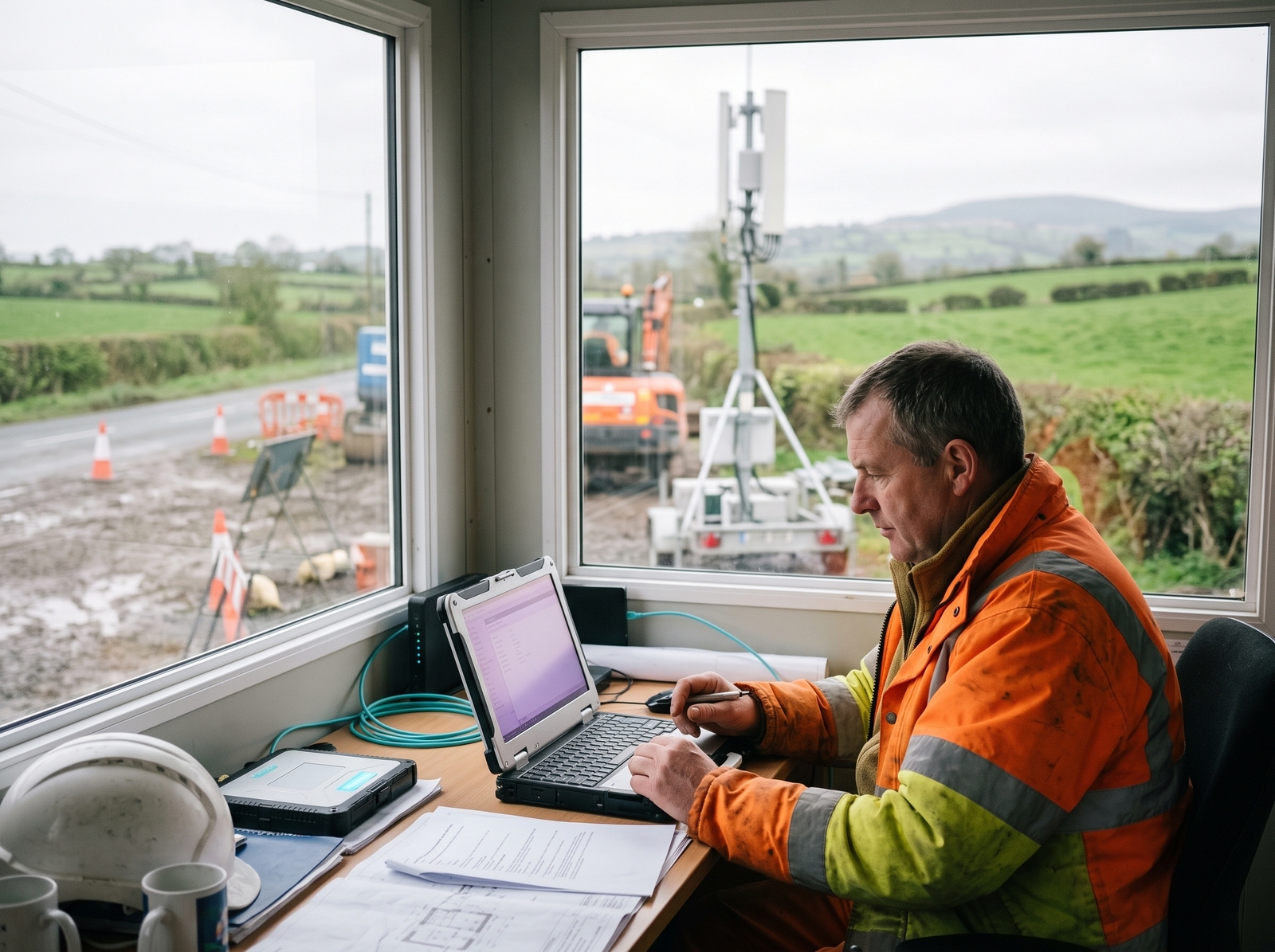 Council roads engineer working on a laptop in a temporary site cabin beside a rural road project, with a mobile mast outside