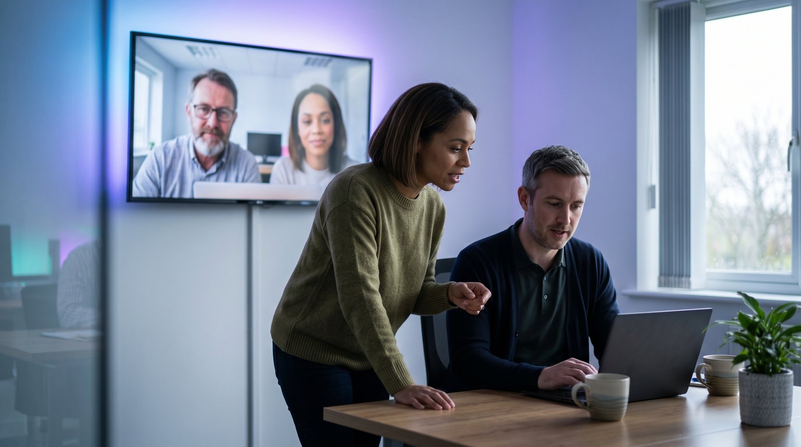 Broker operations manager on a video call with a second office team