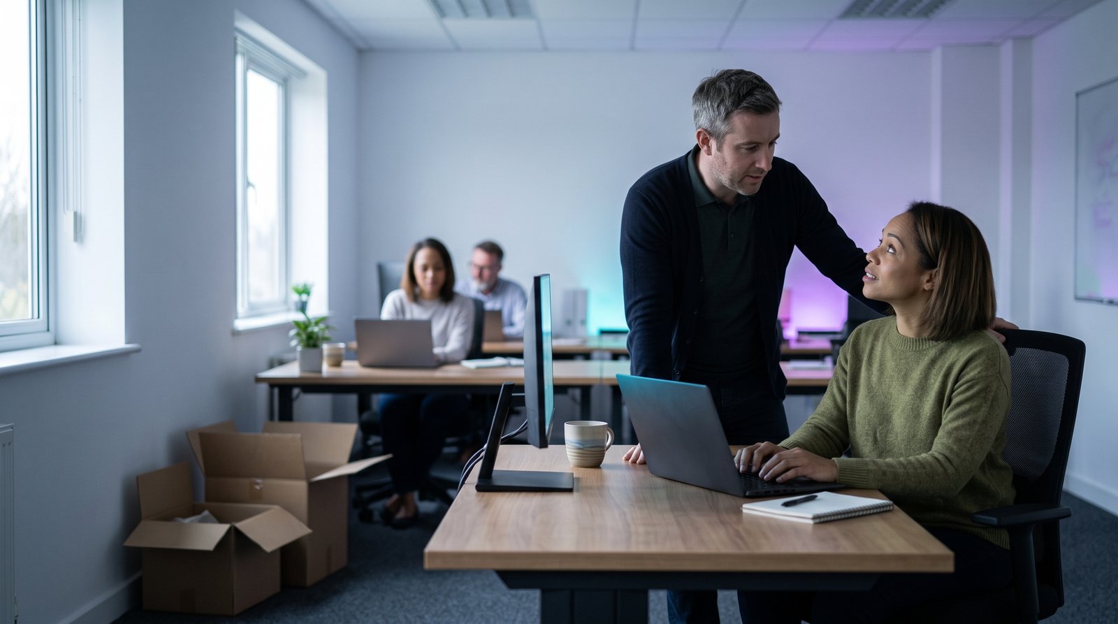 Team lead welcoming a new colleague at her desk in a recently acquired office