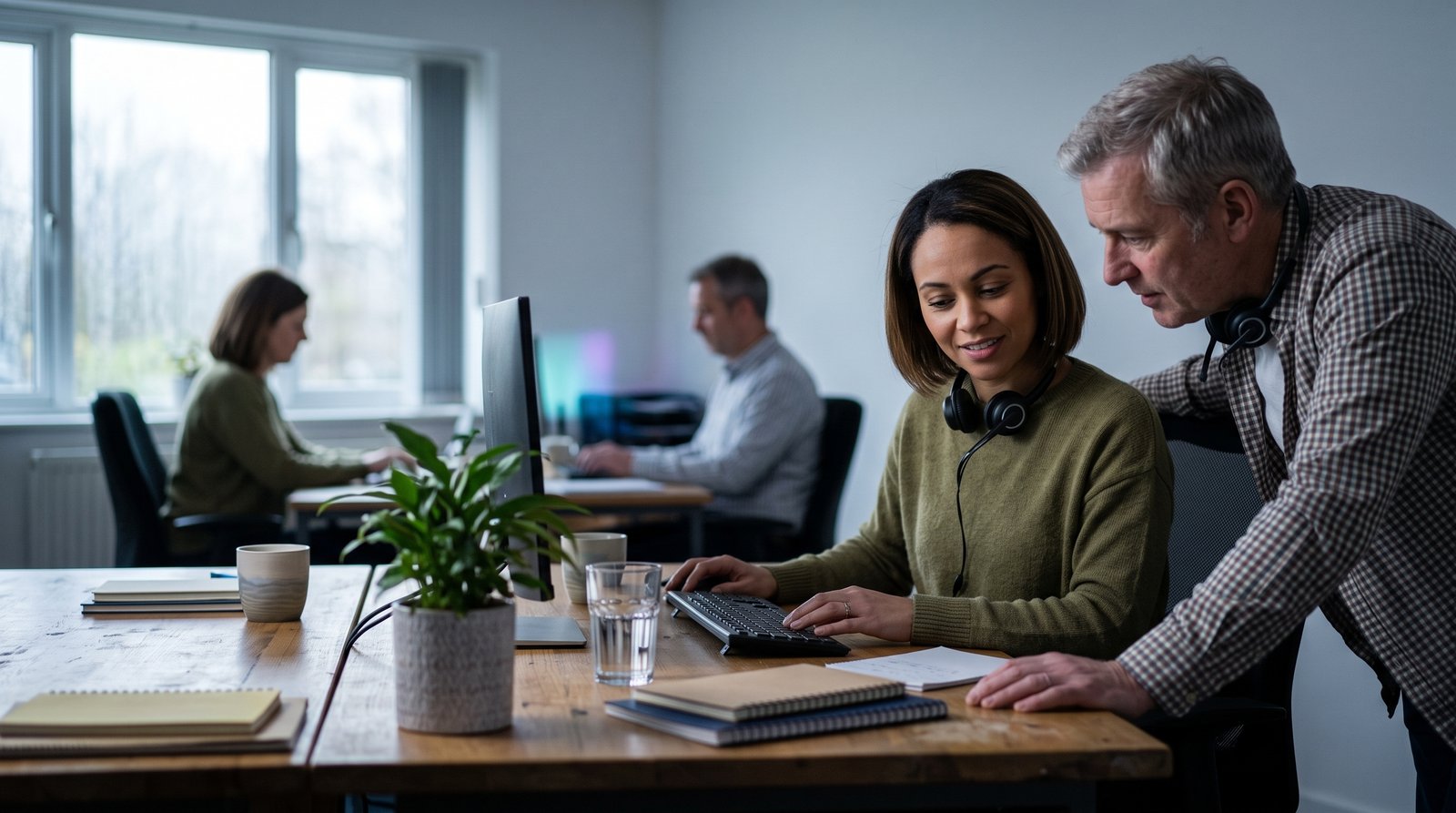 Two broker service agents working through a quiet moment between calls