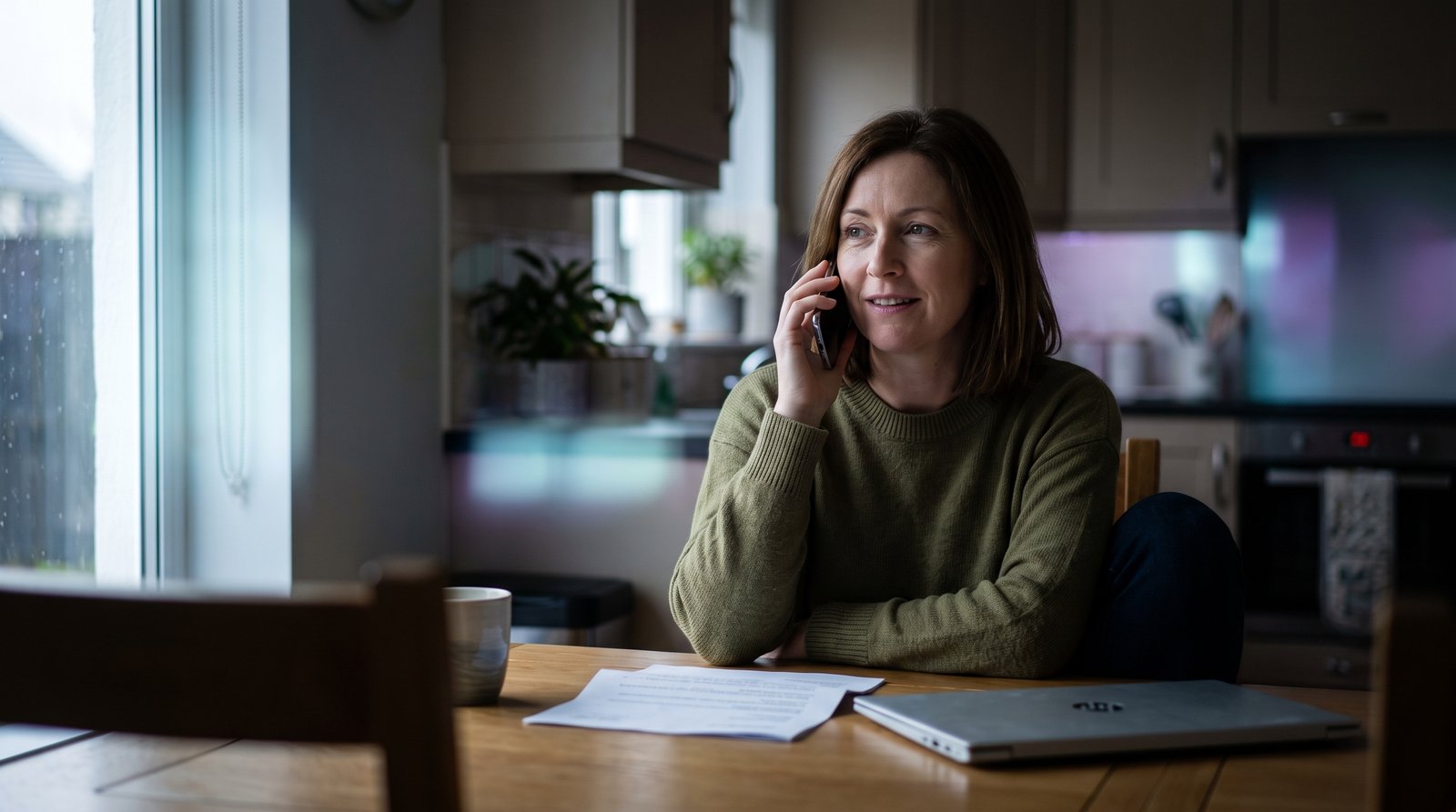 Insurance customer taking a renewal call at her kitchen table