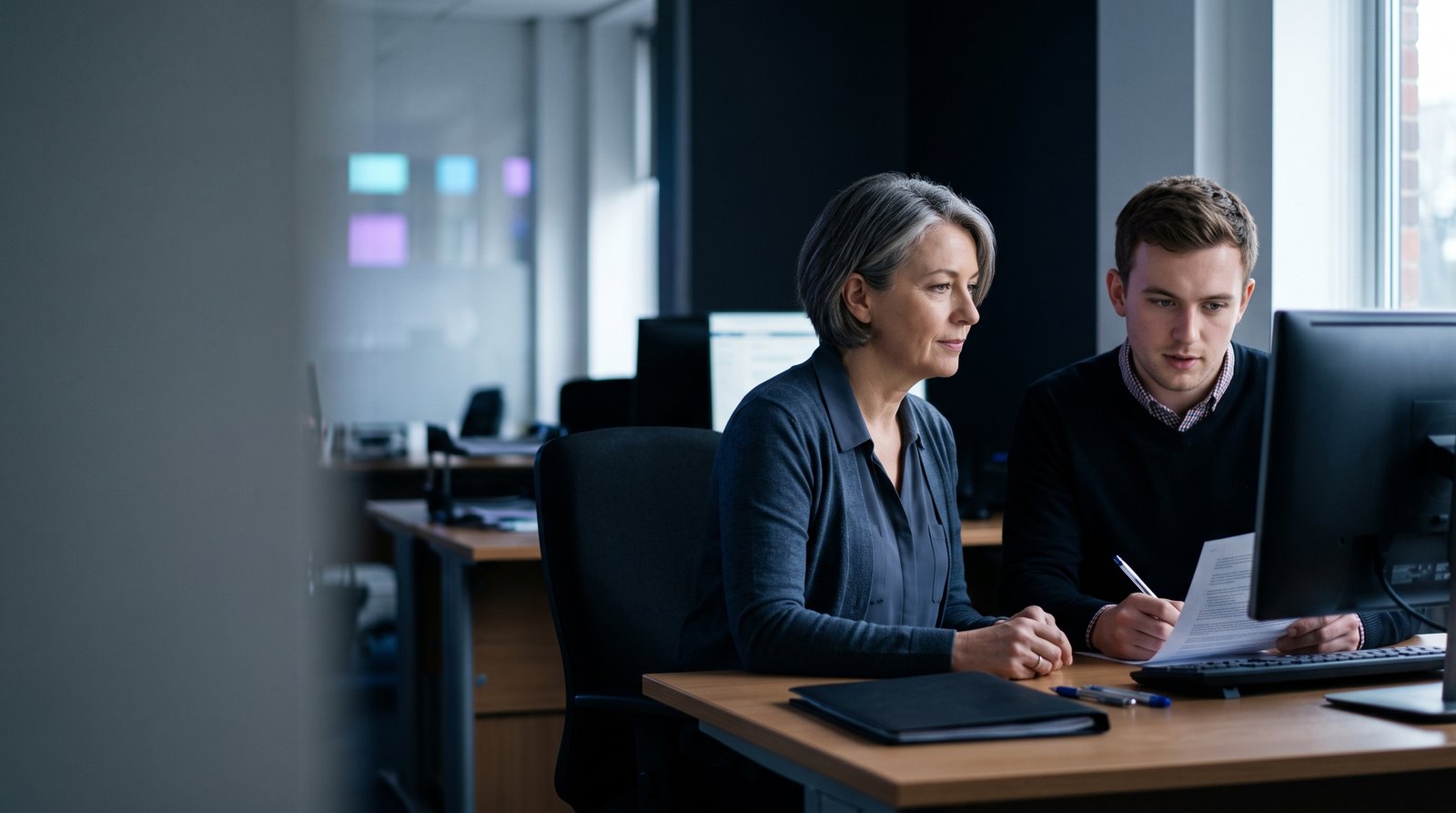 Compliance manager and team lead reviewing an interaction record together