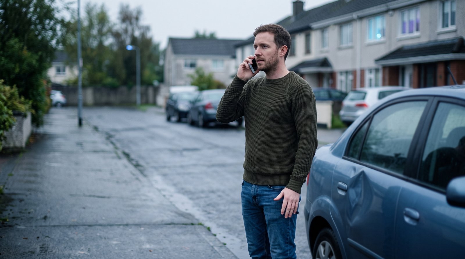 Motorist on the phone to his broker beside a damaged car